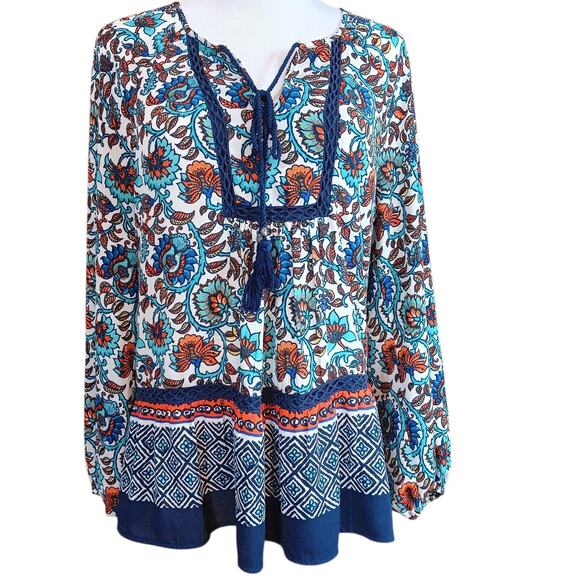 DANIEL RAINN Boho Peasant Top Blouse Flowy Small Colorful Travel Career V-Neck - Picture 2 of 9
